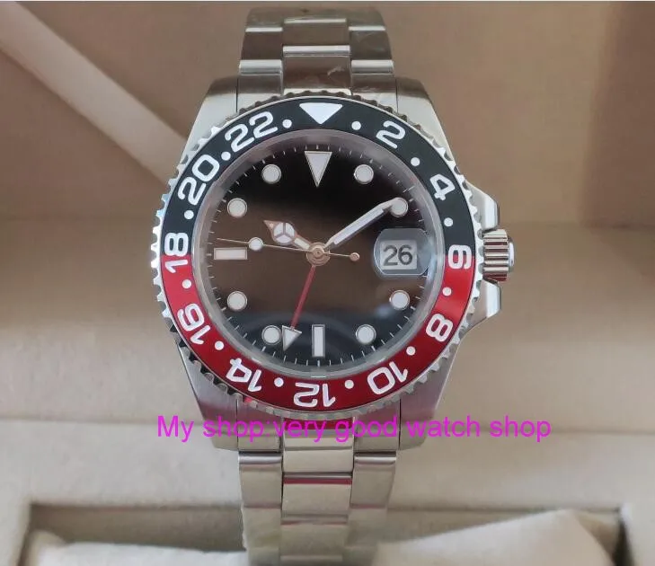 

40MM PARNIS GMT Automatic Self-Wind movement Red&black bezel Sapphire Crystal luminous men's watch gn01