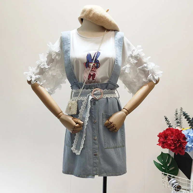 2019 Летняя женская одежда с коротким рукавом модная футболка рисунком + джинсовая