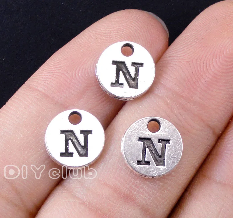 50pcs-Letter Charms Antique Silver Tone 2 Sided Alphabet N Pendant 10mm | Украшения и аксессуары