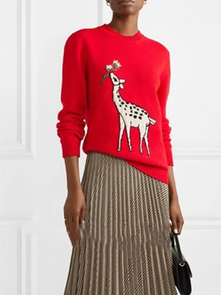 Фото 2019 Early Fall Women Red Sweaters Runway Designer Round Neck Long Sleeve Fawn Pattern Loose Knitted Pullovers Women's Jumper Женская 2019 Early Fall Women Red Sweaters Runway Designer Round Neck Long Sleeve Fawn Pattern Loose Knitted Pullovers Women's Jumper Женская