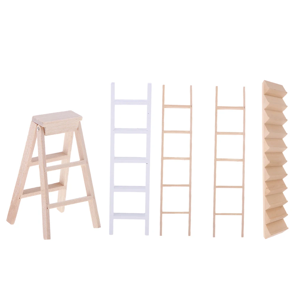 Miniature Straight Wooden Ladder Folding Ladder Staircase For Dollhouse Outdoor Accessories 5 Pieces