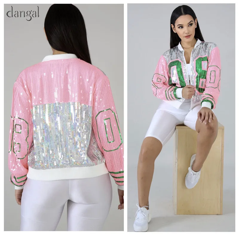 Dangal Sequin куртка женская куртка с блестками розовая сияющая куртка одежда с люверсами Женская крутая Свободная куртка с круглым вырезом на молнии