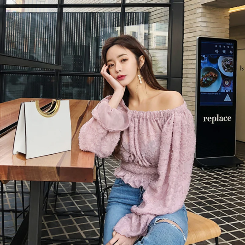 Elegant Slash Neck Off-Shoulder Bottoming Shirt Women 2019 Summer Stretch Elastic Flare Sleeve Female Tops Sweety Casual Clothes |