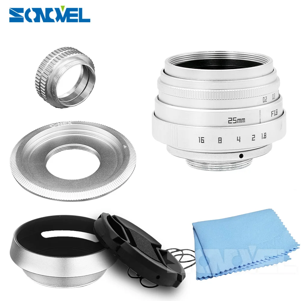 Серебряный 25 мм F1.8 APS C телеобъектив CCTV объектив + бленда для Sony E Mount Nex 5T F3 6 7 A6300 A6100