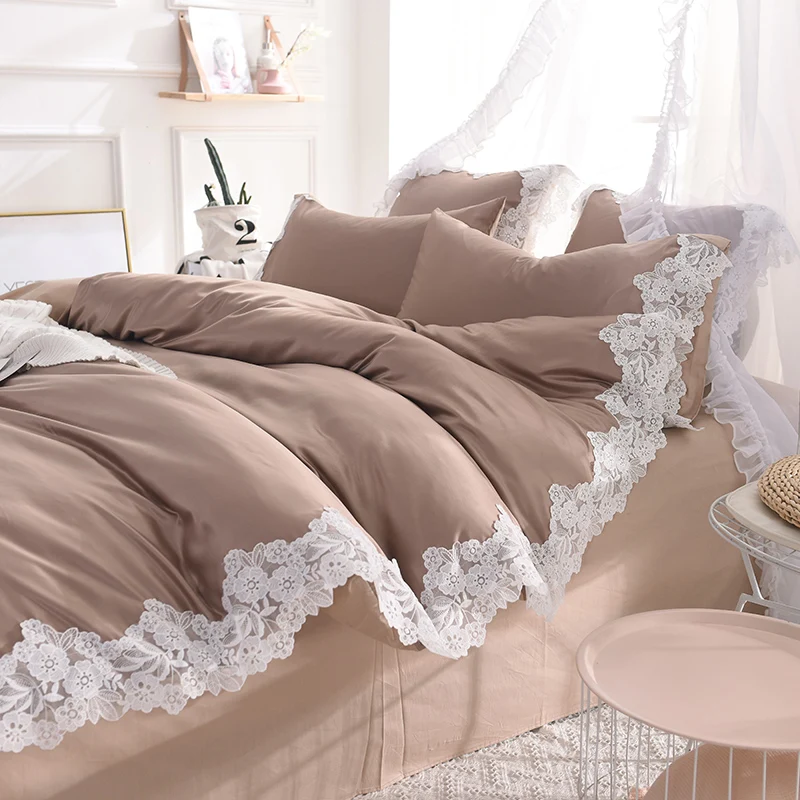 Lace Edge Satin IMITATED SILK Bedding Set 4pcs Queen King Size Duvet Cover Bed Sheets Pillowcase Spring Summer Home Textiles | Дом и сад