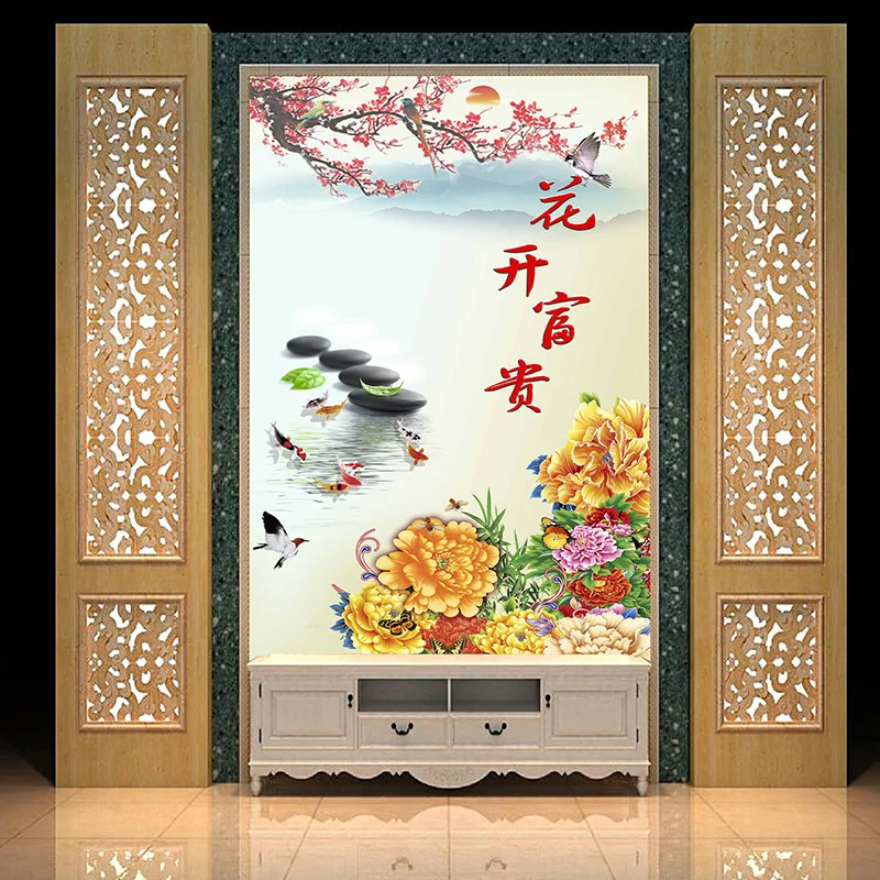 

Customized Chinese large 3D mural stereo porch screen vertical corridor flower open rich peacock peony flower living room wall