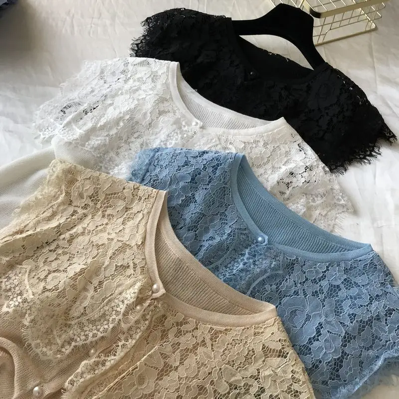 ALPHALMODA Летний Женский вязаный кардиган с кружевным воротником, однобортный кружевной кардиган в стиле пэчворк, милая Повседневная летняя одежда