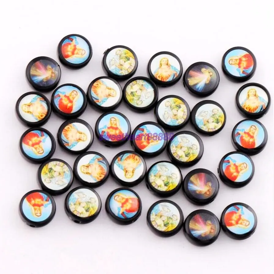 Бусины пластиковые ручной работы Святой Иисус Мария 12 х12 мм 3 цвета ярко голубые