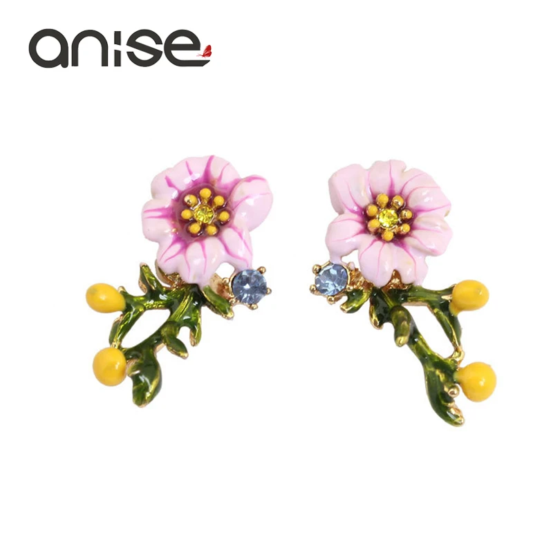 Женские серьги гвоздики с эмалью Anise маленькие романтичные цветком и кристаллами