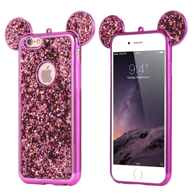 Fucshia Для iPhone X XS MAX XR 6 6 S 7 8 Plus чехол с мультяшными мышками для samsung Galaxy S6 S7 Edge S8 S9 Plus чехол с блестками - Цвет: Fucshia