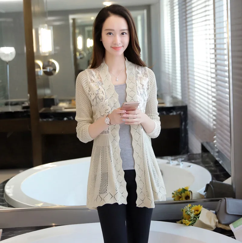 2017 Женский Тонкий свитер с кружевом и вырезом кардиган накидка верхняя одежда
