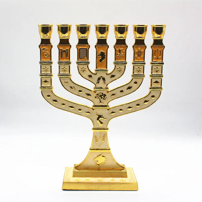 Синяя эмаль Menorah позолоченный 7 веток племен Израиля, джерузама