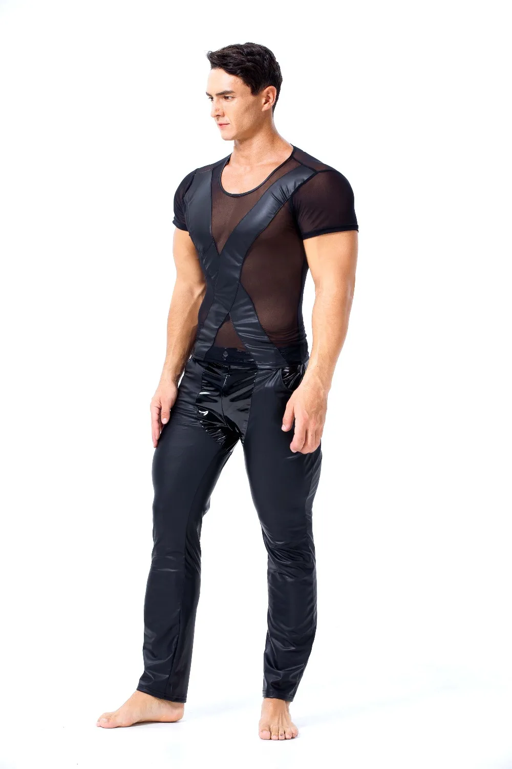 MenFaux Leather Tops Latex Catsuit Masquerade Super man Cosplay Halloween Party Dress Men Zentai Gay Fetish Wear Z6027