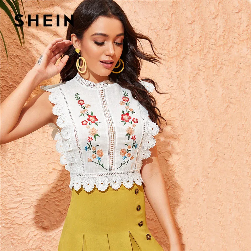 SHEIN белая блузка с кружевной отделкой и вышивкой, Женские топы и блузки, Boho, без рукавов, облегающий летний топ