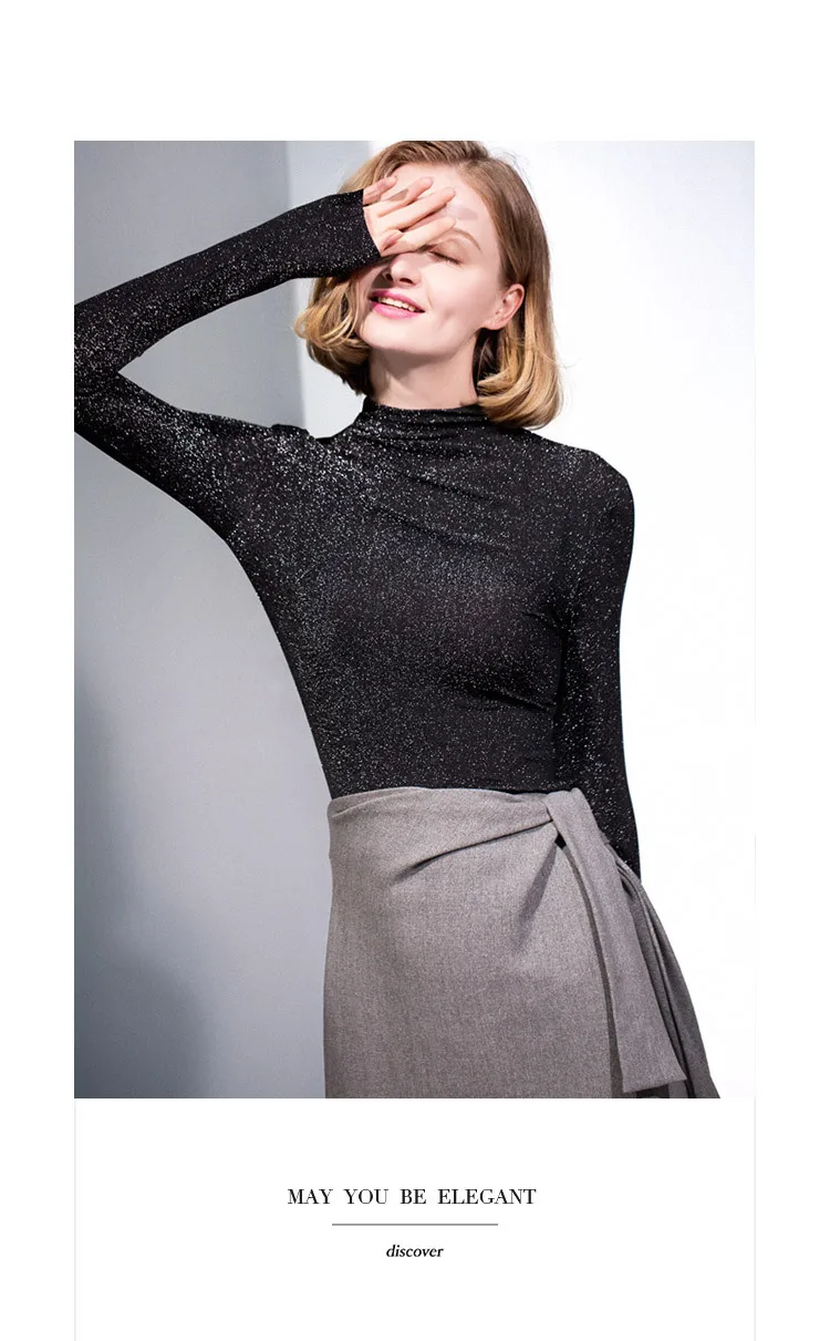 Moda Jihan, женские футболки, блестящая Водолазка с длинным рукавом, топы, футболки, женские футболки с блестками, базовая осенняя одежда