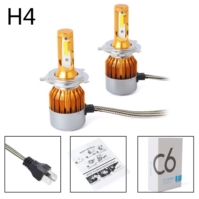 2pcs C6 LED Car Headlight Kit COB H4 36W 7600LM White Light Bulbs Gold | Лампы и освещение