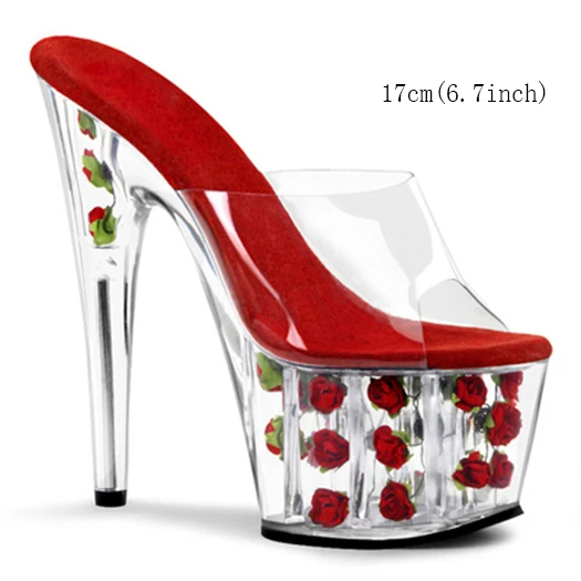 red 17cm slipper Стеклянные тапочки туфли-лодочки с цветком Большие размеры сандалии красивая женская обувь прозрачный ремешок каблуки большой perspex stiletto slides платформа высокие розовые - Цвет: red 17cm slipper