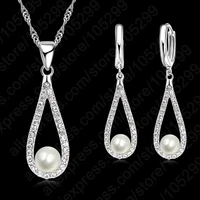 pure 925 sterling silver shiny cz crystal water drop pearl necklaces for woman fine jewelry wedding earring set gift