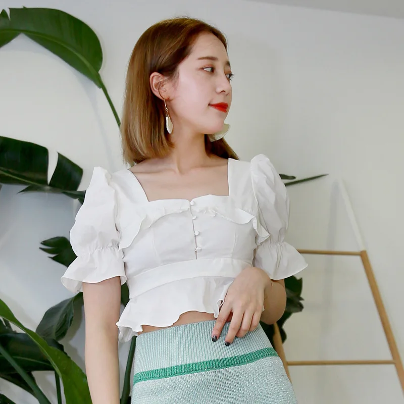 To Gladself Female 2018 Designer Fashion Casual Shirt Square Neck Sexy Cute Ruffle Hem Summer Short Crop Top Blouse for Women |