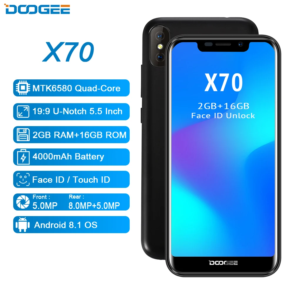 DOOGEE X70 мобильный телефон 5 ''u образный Android 8 1 19:9 2 GB ram 16 rom 3g отпечаток лица ID