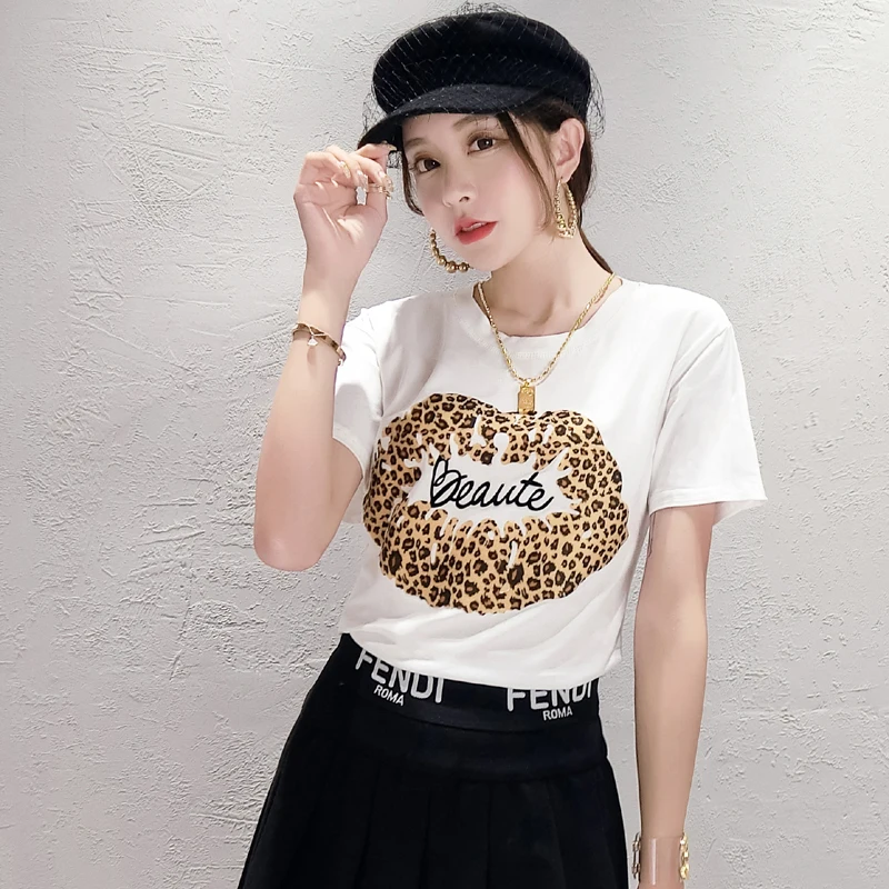 Корейская свободная леопардовая футболка с принтом губ 2019 летняя новая женская