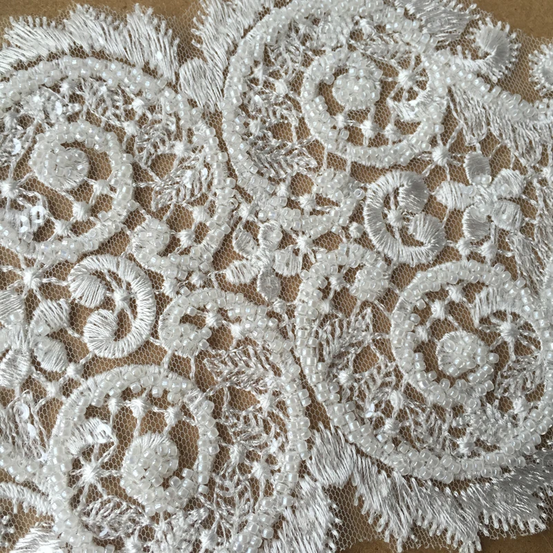 2PCS Handmade Beads 3D Wedding Dress Applique DIY Bridal Headdress Ivory White Lace Collar Fabric Patch RS1296 | Дом и сад
