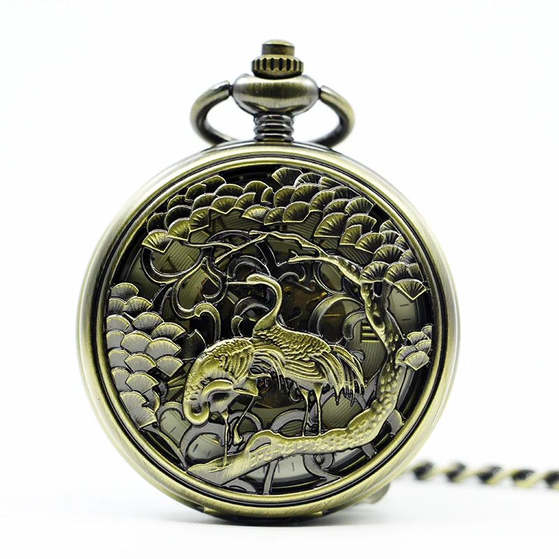 

5pcs/lot Best Sales Vintage&Antiuqe Carving Double-Crane Pocket Watch Women Men Skeleton Mechanical Hand-winding Pendant PJX1279