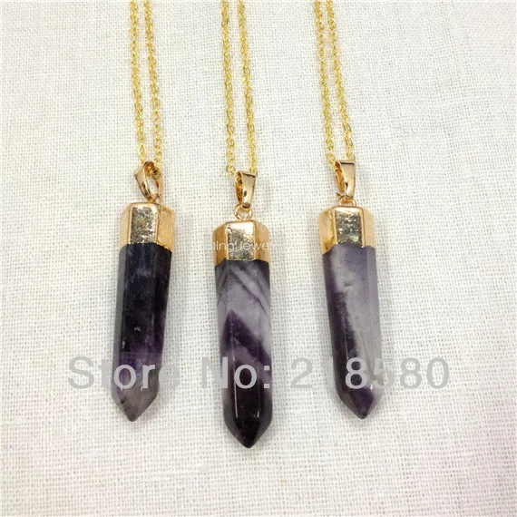 

SN-011 Healing Crystal Amethysts Hexagon Point Necklace Silver or Gold Electroplated