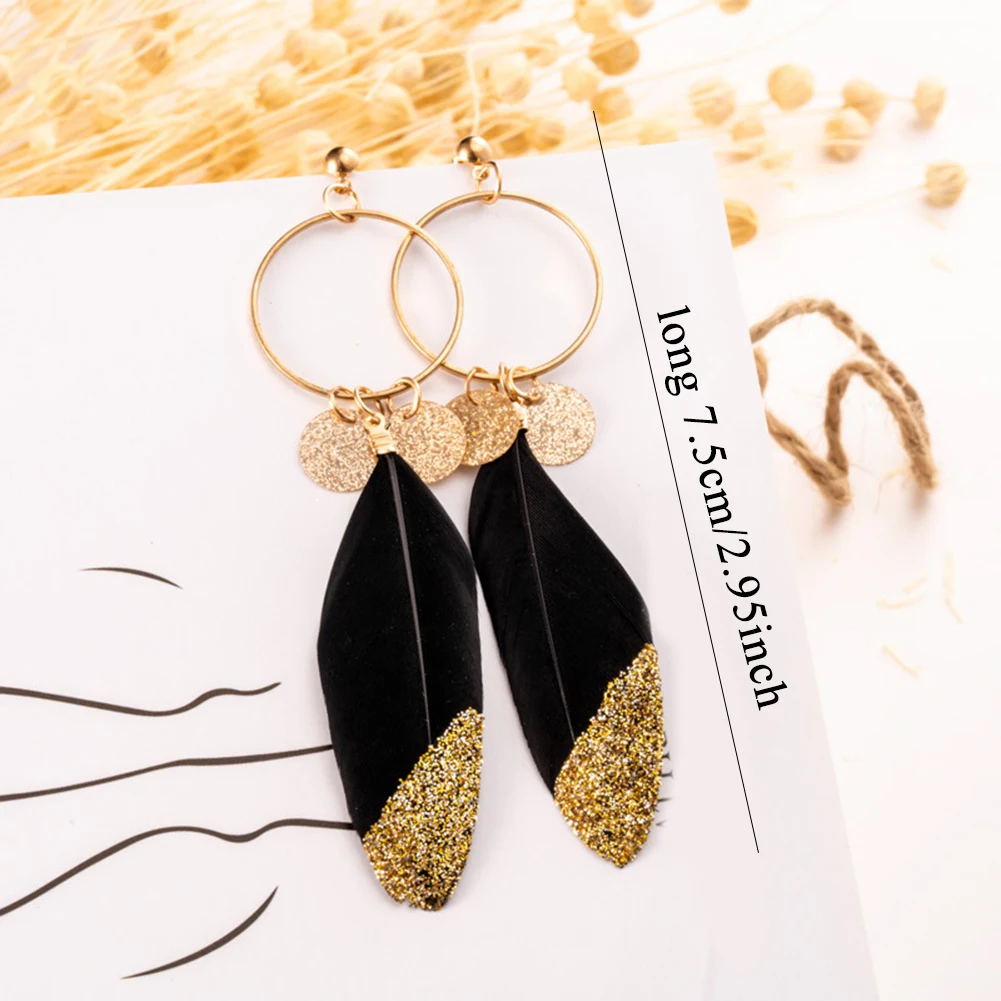 Женские длинные серьги с перьями 1 пара блестящих сережек круглой формы