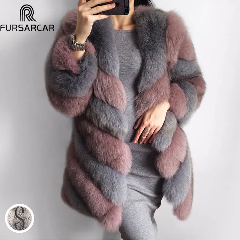 Женская шуба из натурального меха лисы FURSARCAR длинная натуральной кожи в полоску