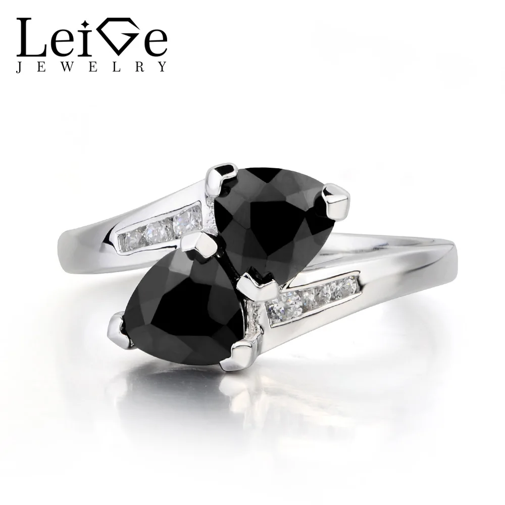 

Leige Jewelry Natural Black Spinel Ring Cocktail Party Ring Trillion Cut Black Gemstone 925 Sterling Silver Ring Gifts for Women