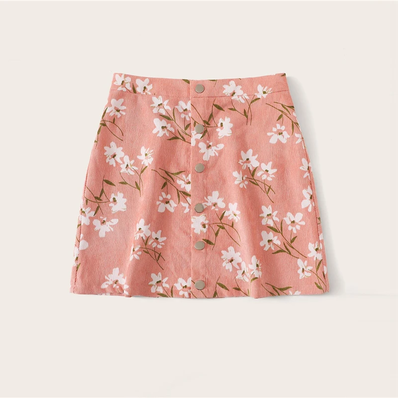 SHEIN юбка с цветочным принтом и пуговицами спереди, Boho, трапециевидная Осенняя Бархатная мини-юбка средней посадки, розовая женская простая короткая юбка