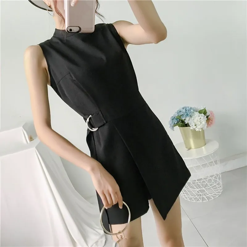 Женский Облегающий комбинезон с поясом короткий без рукавов воротником стойкой