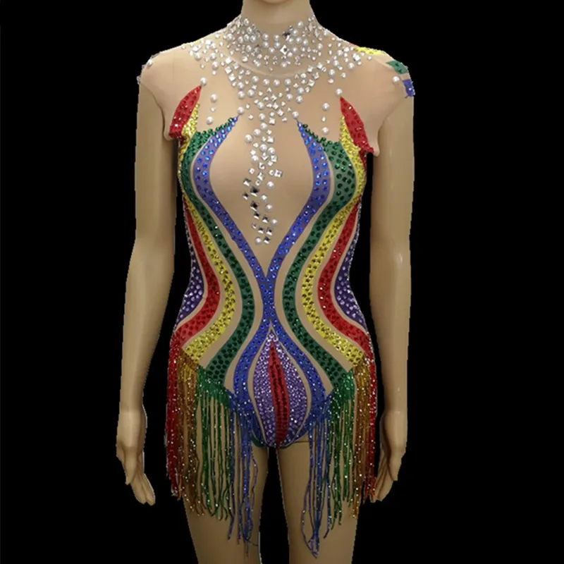 Colorful Striped Tassels Rhinestones Bodysuit Sexy See-through Mesh Sleeveless Catsuit Nightclub Bar Female Singer Stage Costume