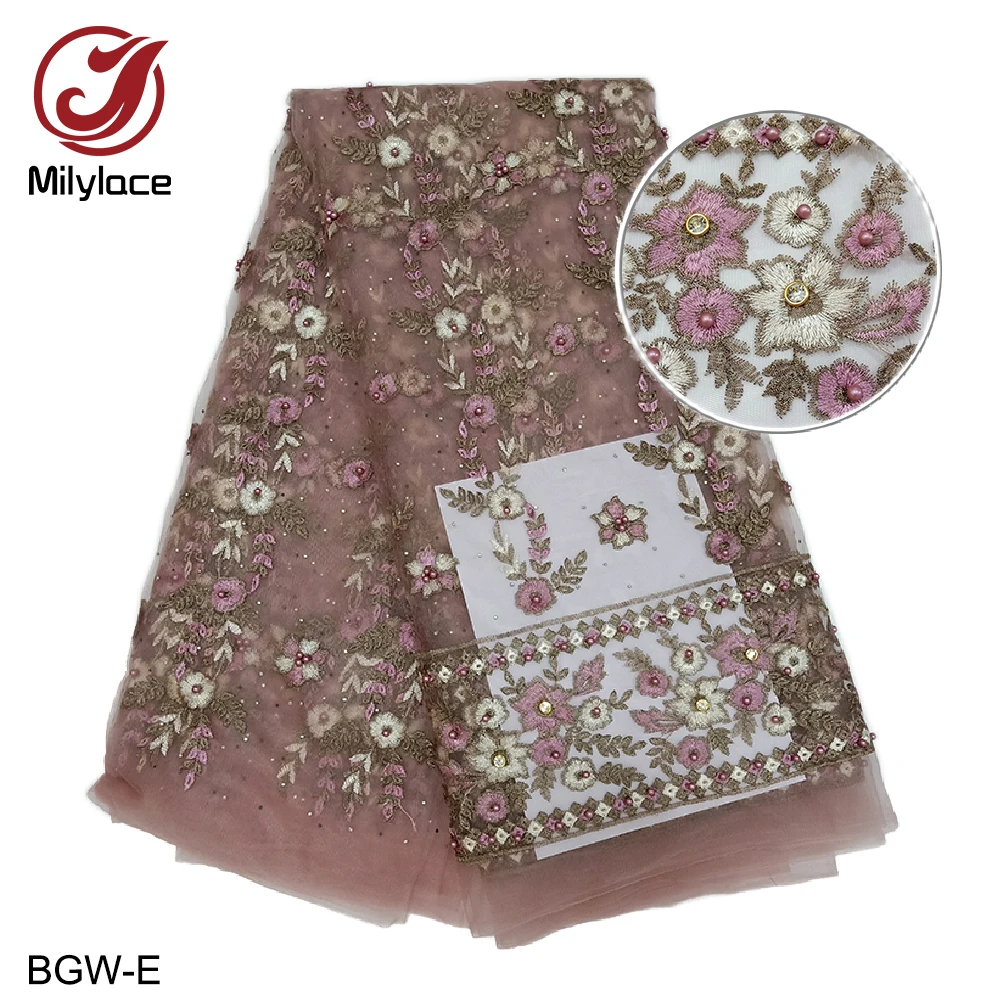 Milylace популярный дизайн розовая кружевная ткань украшенная бисером Африканское