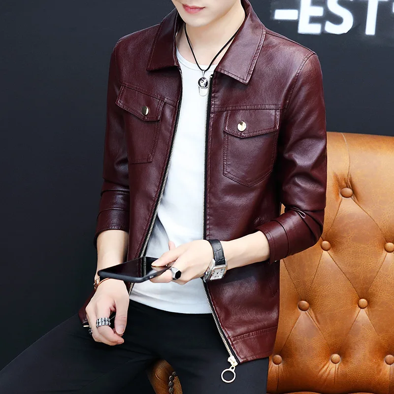 

2020 spring new men's double breast bag leather clothing Slim trend motorcycle youth Lapel collar leather clothing