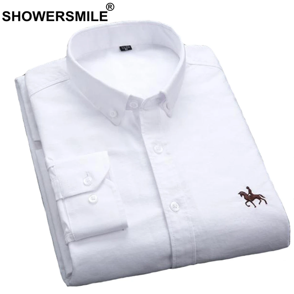 White Shirt SHOWERSMILE мужская желтая рубашка из чистого хлопка, Повседневная приталенная Мужская рубашка с вышивкой и длинным рукавом, осенняя мужская одежда большого размера - Цвет: White Shirt