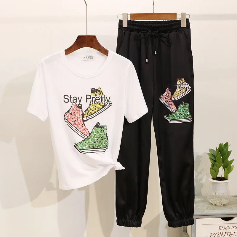 Повседневный Спортивный костюм Женская одежда лето 2019 г. Новая модная футболка с