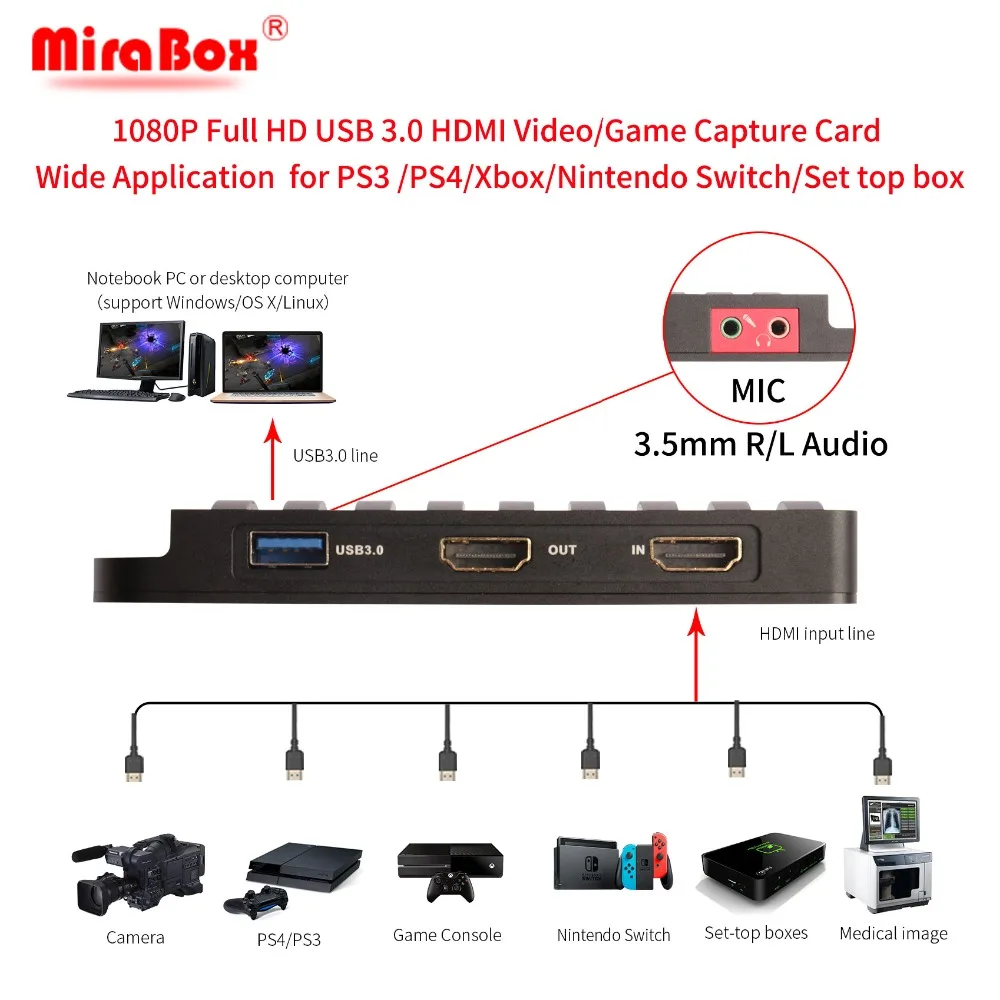 Карта захвата MiraBox 4K 30FPS HD 1080P 60FPS USB3.0 HDMI игровая видеозахвата с входом микрофона и