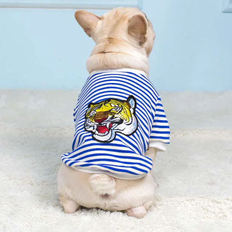 Хлопковая футболка в полоску с вышивкой французского бульдога тигра летняя