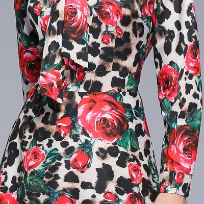 

New 2019 Women Runway Rose Printed Dress Female Sexy Leopard Vestido Bow Collar Long Maxi Party Dresses