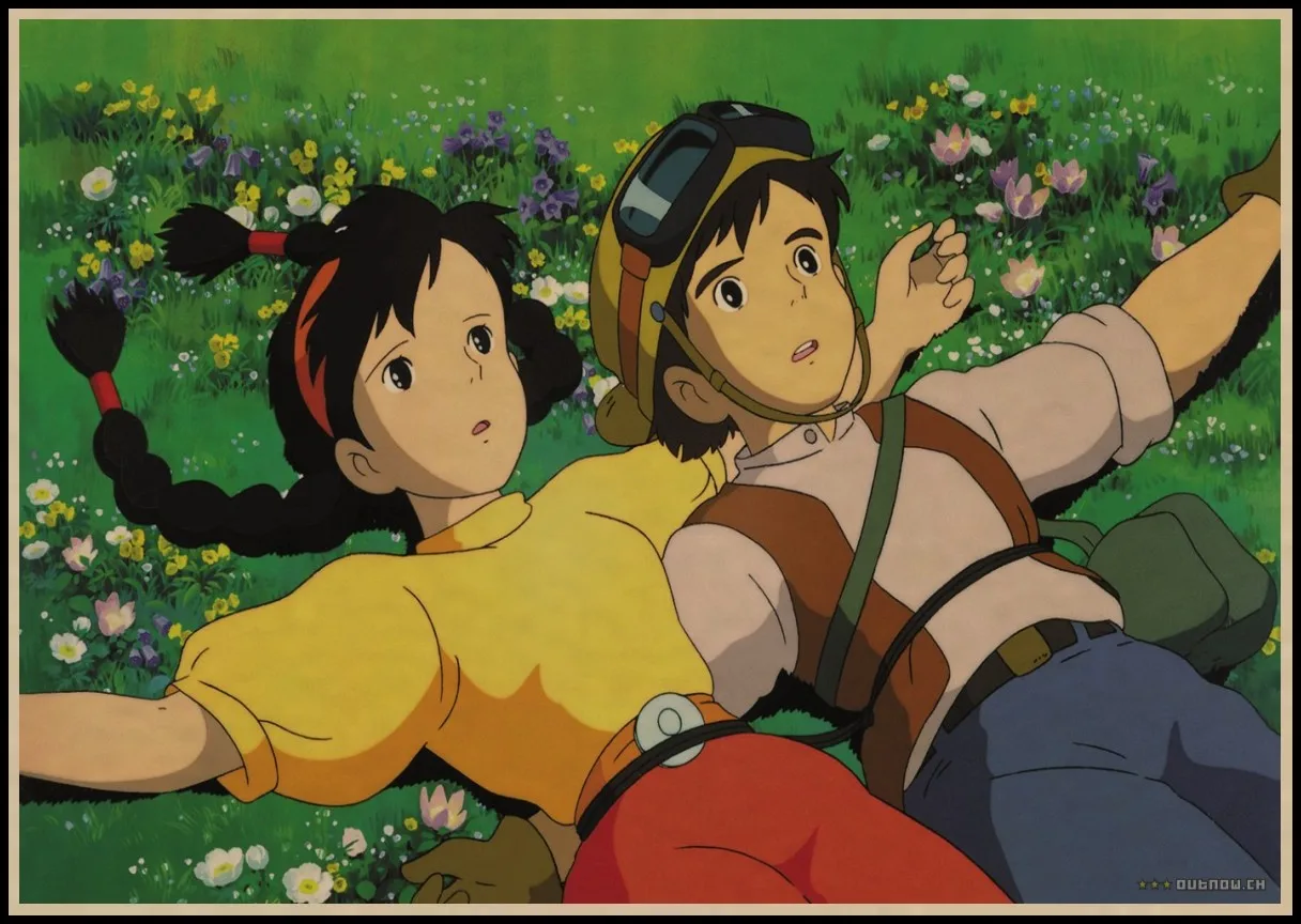 Винтажный постер Hayao Miyazaki в стиле ретро с изображением замка небе из крафт-бумаги