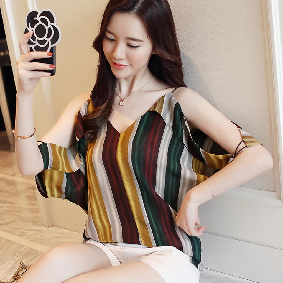 Shinybling Sexy Off Shoulder Shirt Women Summer Blouses Top Fashion Stripe Offiice Lady Casual Loose Chiffion Shirts Elegant |