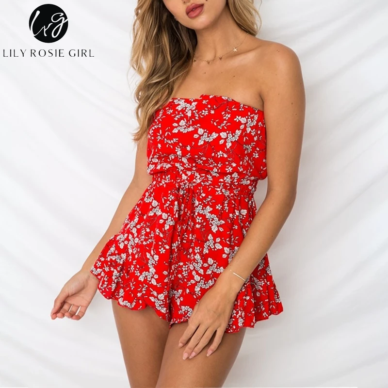 Conmoto Сексуальный красный комбинезон без бретелек летний короткий ромпер рукавов