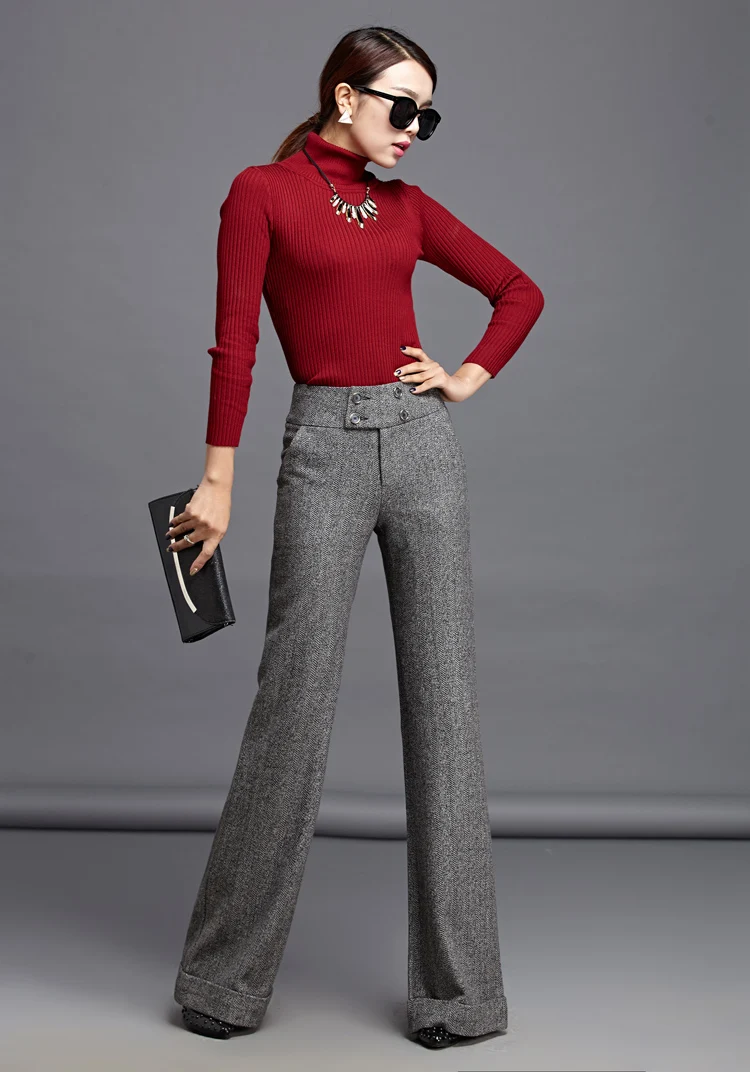 Autumn Women Straight Pants Office Lady Wide Leg Wool Trousers High Waist Woolen Flare Pants Capris Work Wear Casual Pants S-3XL