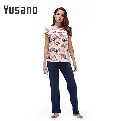blue Yusano Cotton Pajamas Women Floral O neck Sleepwear for Girl Sleeveless Top& Long Pants Soft Pijama Feminino Inverno - Цвет: blue