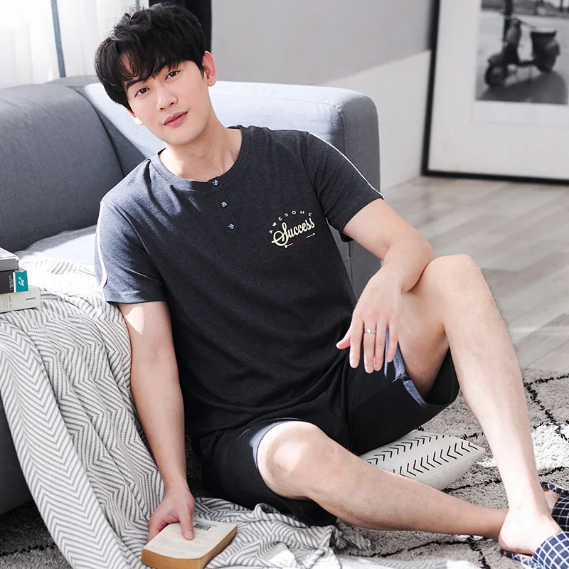 Летние новые хлопковые мужские пижамные комплекты с коротким рукавом Мужские