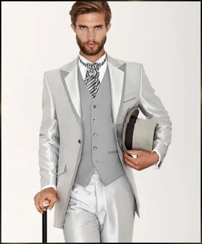

3PCS Silver Men Suits Groom Tuxedos Wedding Formal 38 40 42 44 46+ Custom