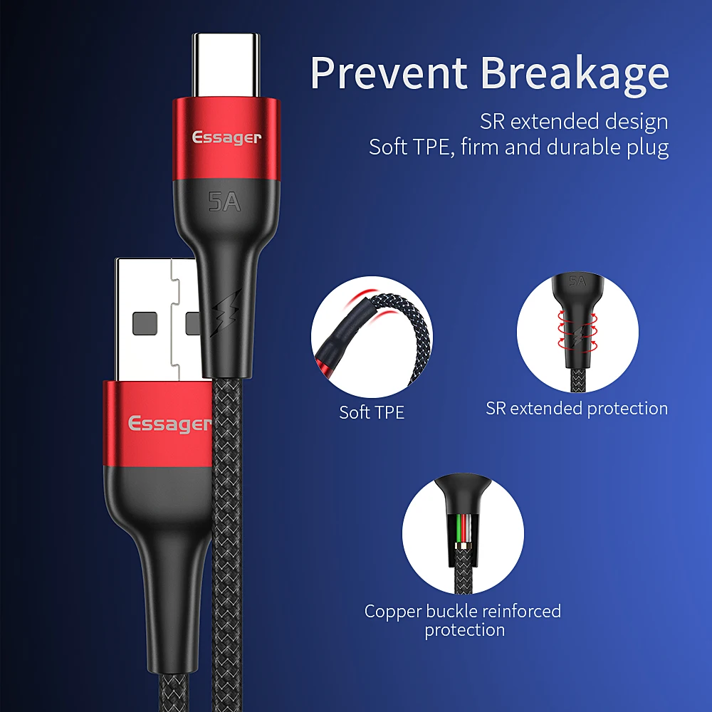Essager 5A USB Type C кабель для Huawei P30 P20 Pro мобильный телефон зарядное устройство супер