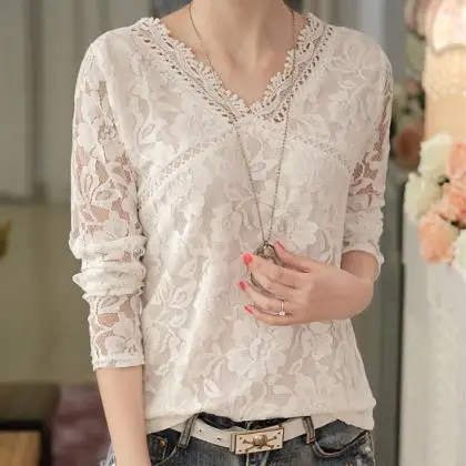 Модные офисные рубашки Элегантный женский с длинными рукавами кружевные топы